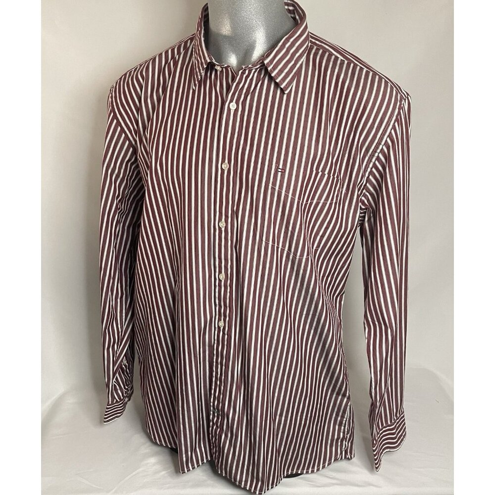 Tommy Hilfiger Mens XXL Custom Fit Stripe Button Down Dress Shirt Burgundy L/S